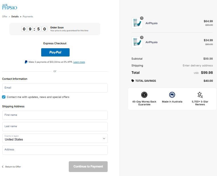 air physio checkout page